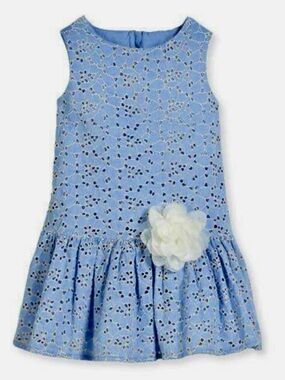Charabia Girls Light Blue Eyelet Dress with White Flower Accent